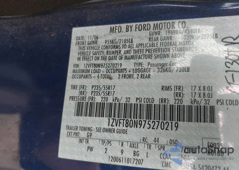 2007 Ford Mustang V6 Deluxe/V6 Premium z USA, uszkodzony, nr VIN 1ZVFT80N975270219